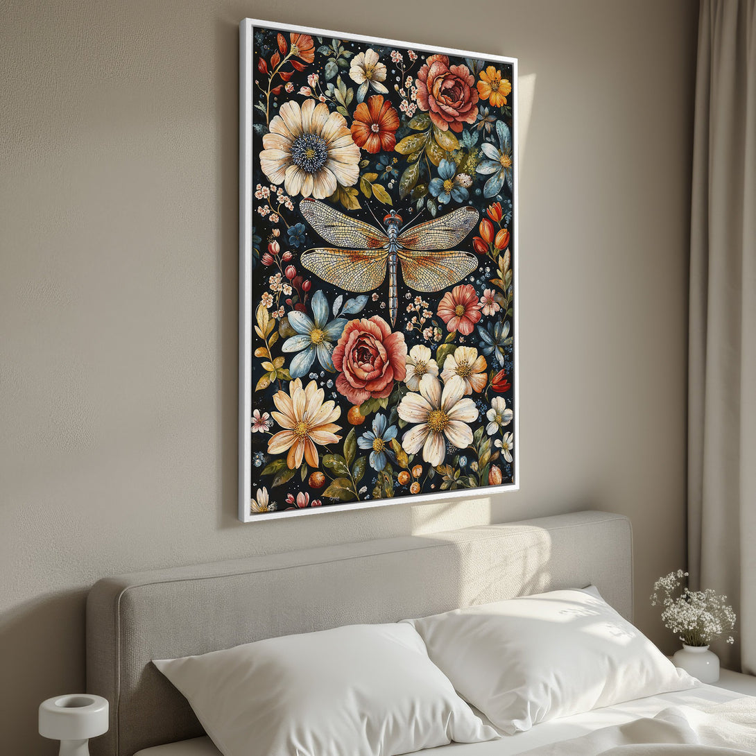 Framed Wall Art: Floral dragonfly design in warm tones. Botanical illustration Canvas Print with orange, blue, and cream color palette, perfect for bedroom decor.
