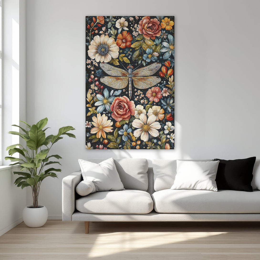 Framed Wall Art: Floral dragonfly art in a bedroom. Features a vibrant color palette of orange, red, blue, and white. Perfect for adding a touch of elegance.