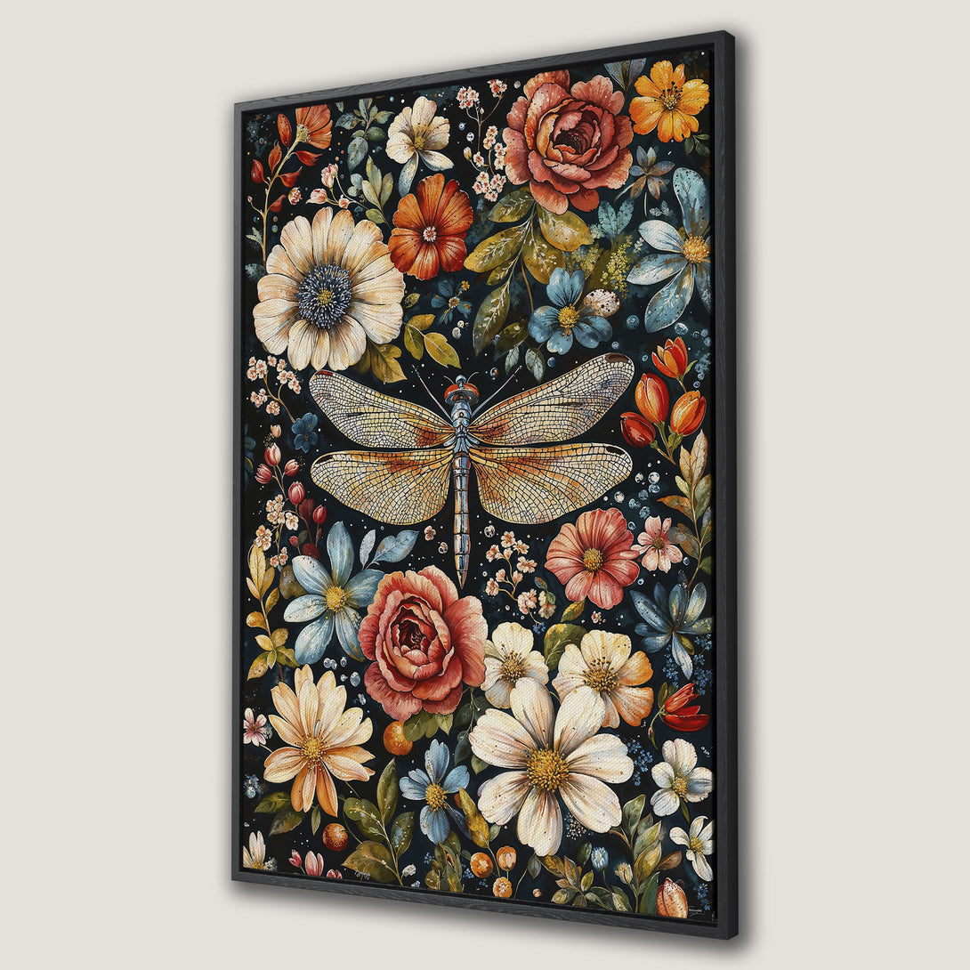 Framed Wall Art: Watercolor floral print with a dragonfly. Features a dark background with colorful flowers in orange, red, blue, and white. Perfect wall decor.