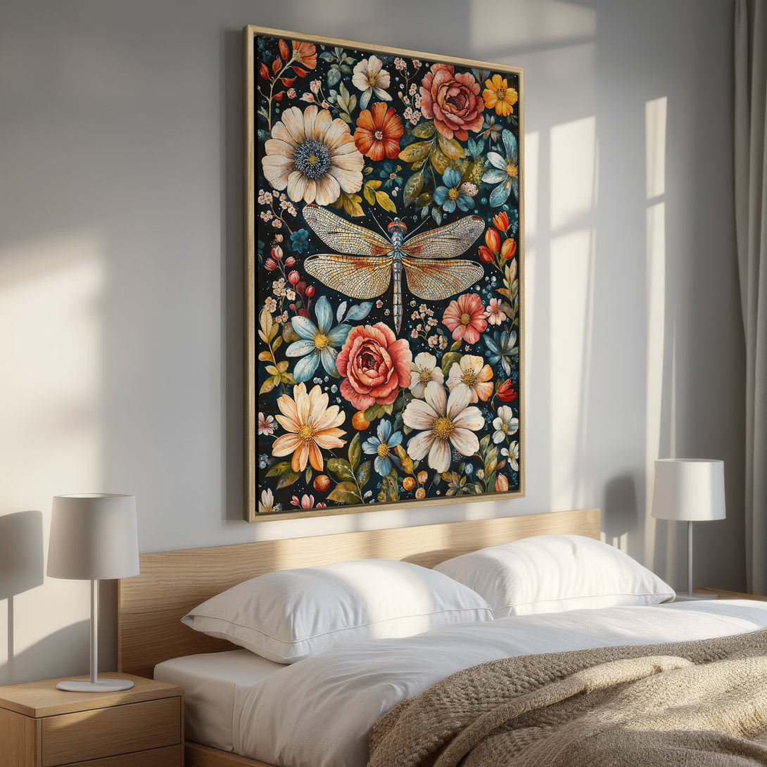 Framed Wall Art: Dragonfly & floral Canvas Print in bedroom. Boho style with vibrant orange, teal, & cream colors. Perfect bedroom decor!