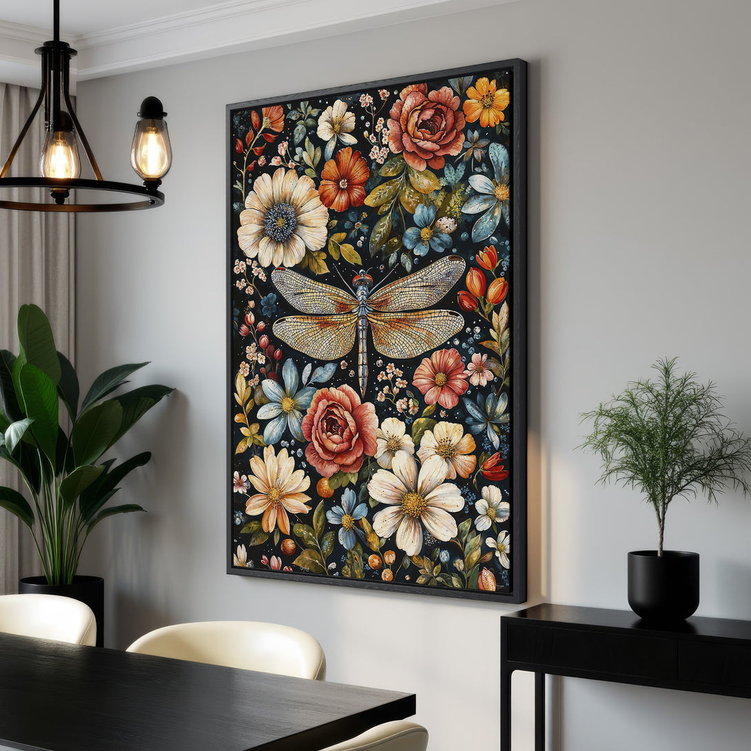 Framed Wall Art featuring a vibrant floral design with a dragonfly, in a watercolor style. Rich, warm color palette perfect for home decor.
