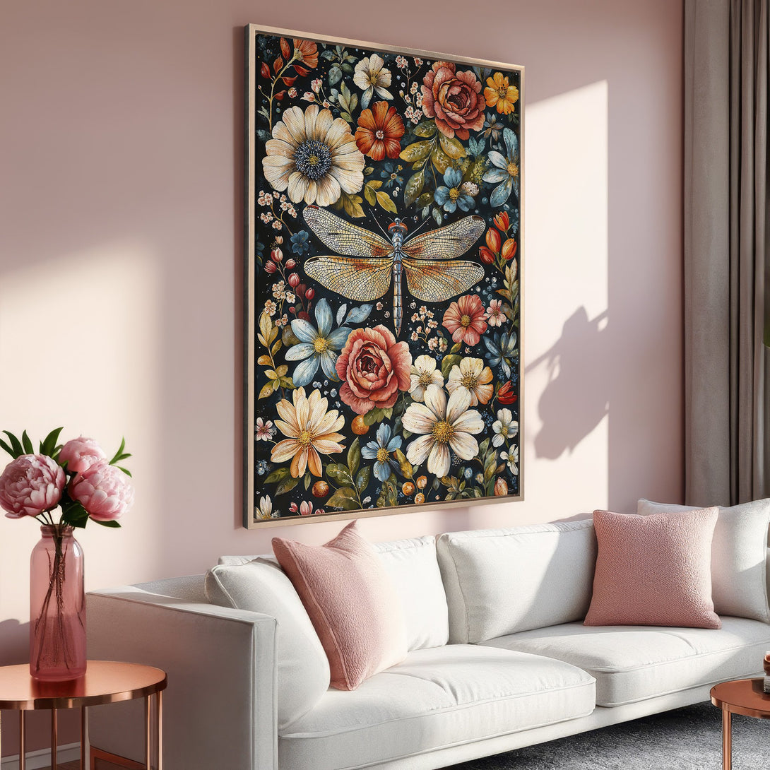 Framed Wall Art: Floral dragonfly design with vibrant colors, perfect for adding a touch of nature and elegance to your living room. Shop now!