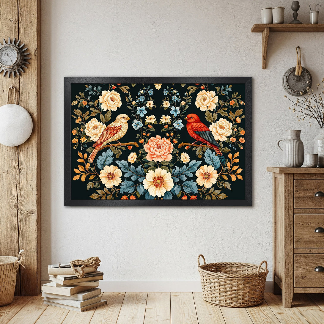 Framed Poster featuring birds and floral design. Vintage style with dark background, warm colors. Perfect wall art.