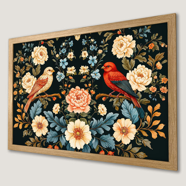 Framed Poster featuring birds and floral design in a vintage style with a dark, warm color palette. Perfect wall art!