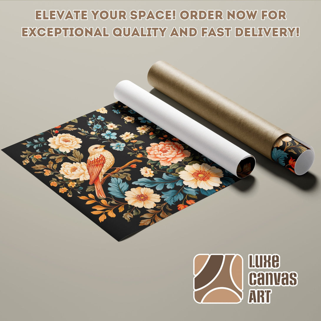 Poster Roll featuring a floral bird design in a vintage style with a black, teal, and orange color palette.