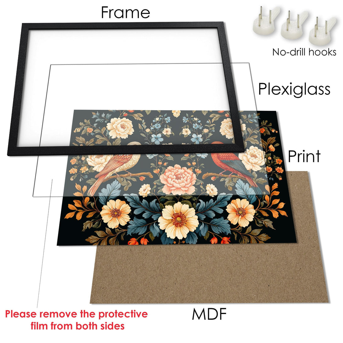 Framed Poster with floral design in a vintage style, featuring a warm color palette of beige, orange, and teal. Ready to hang!