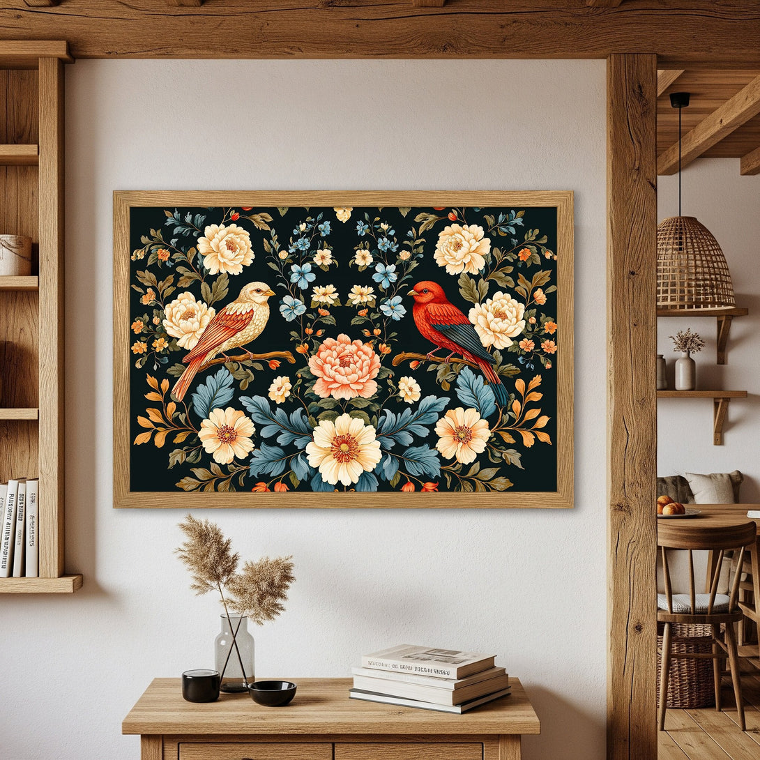 Framed Poster featuring birds & floral design in a vintage style, with a dark background and warm color palette. Perfect wall art!