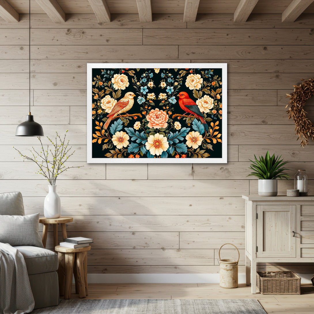 Framed Poster featuring birds and floral design in a vintage style, with a warm color palette. Add a touch of nature to your home!