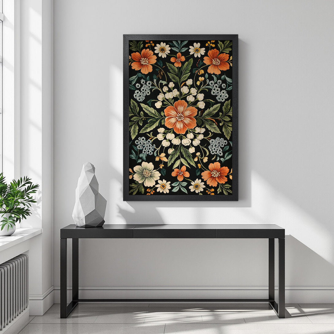Framed Poster featuring floral design in orange, white, and green on a black background. Modern art style, perfect for home decor.