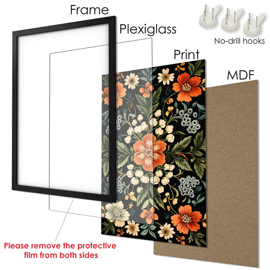Framed Poster featuring a floral design in orange, cream, and green on a black background. Modern art style. Ready to hang!