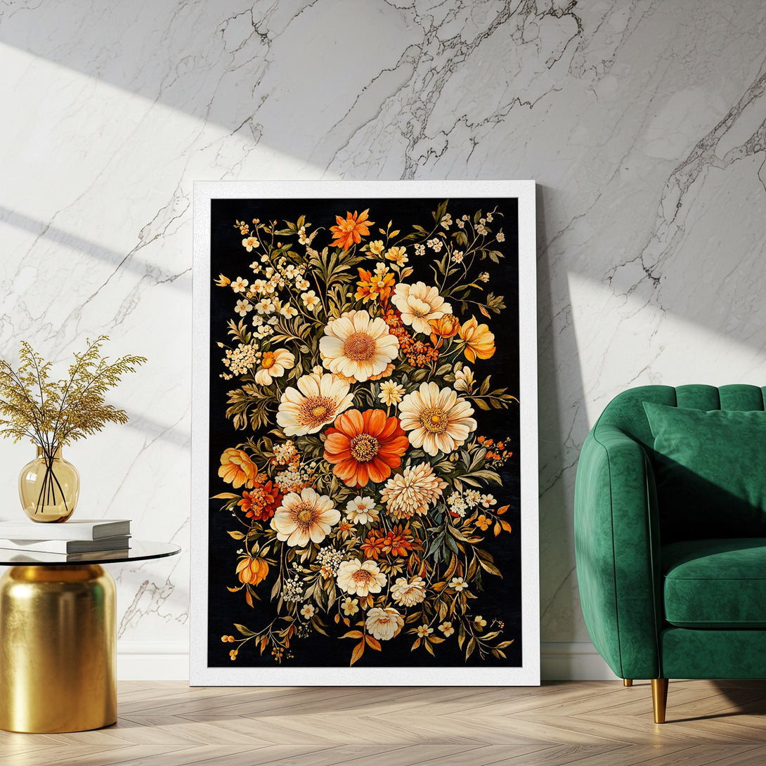 Framed Poster featuring a vibrant floral bouquet in warm orange and cream tones on a black background. Perfect wall art!