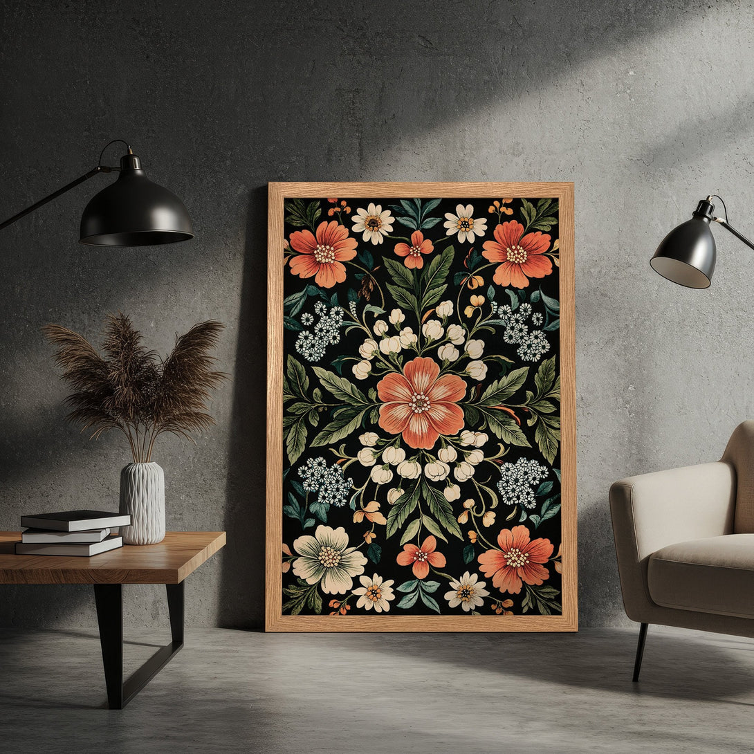 Framed Poster featuring a floral design in a vintage style with a black background and a warm color palette. Perfect wall art!