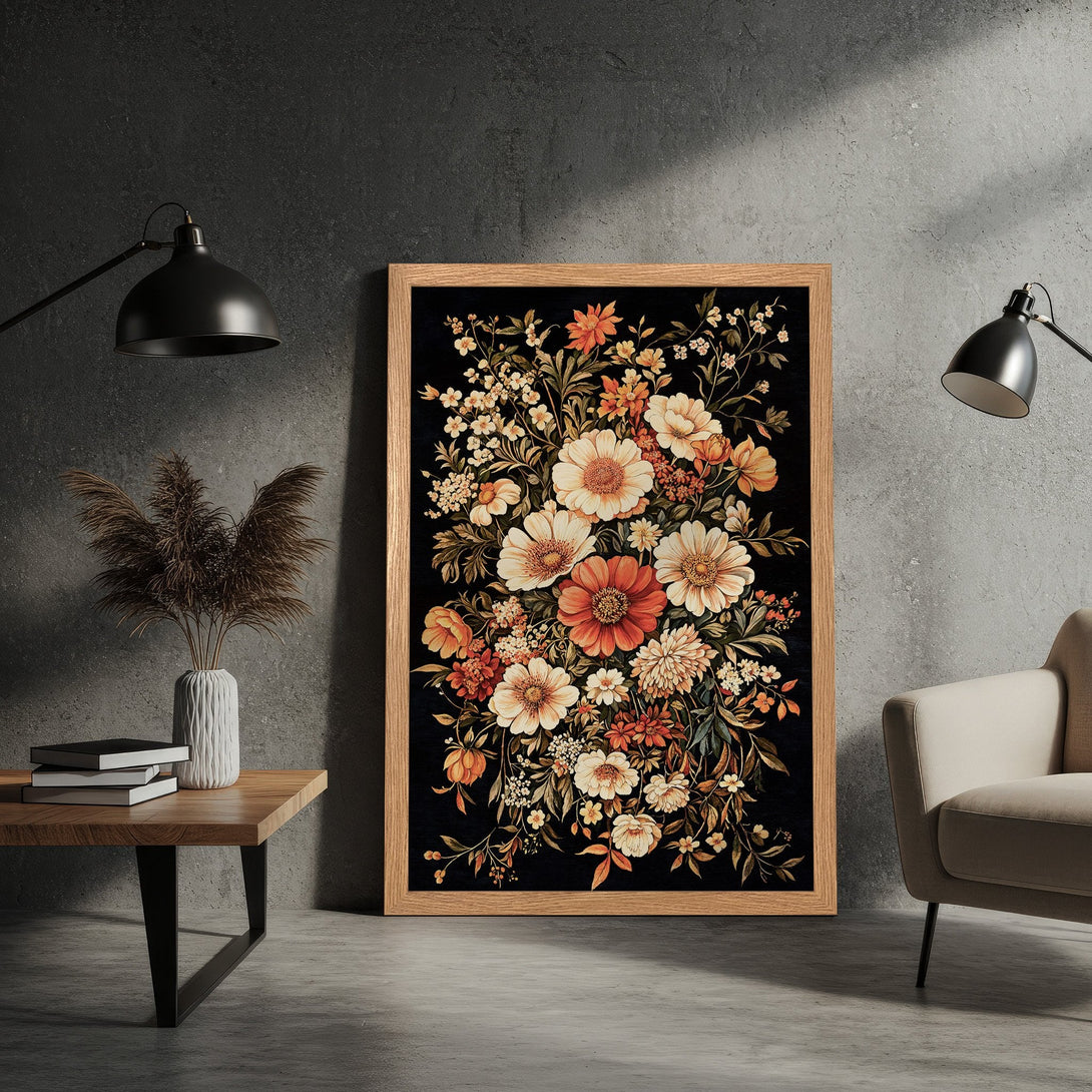 Framed Poster featuring a vibrant floral design with warm orange, cream, and green hues against a black background. Perfect wall art!
