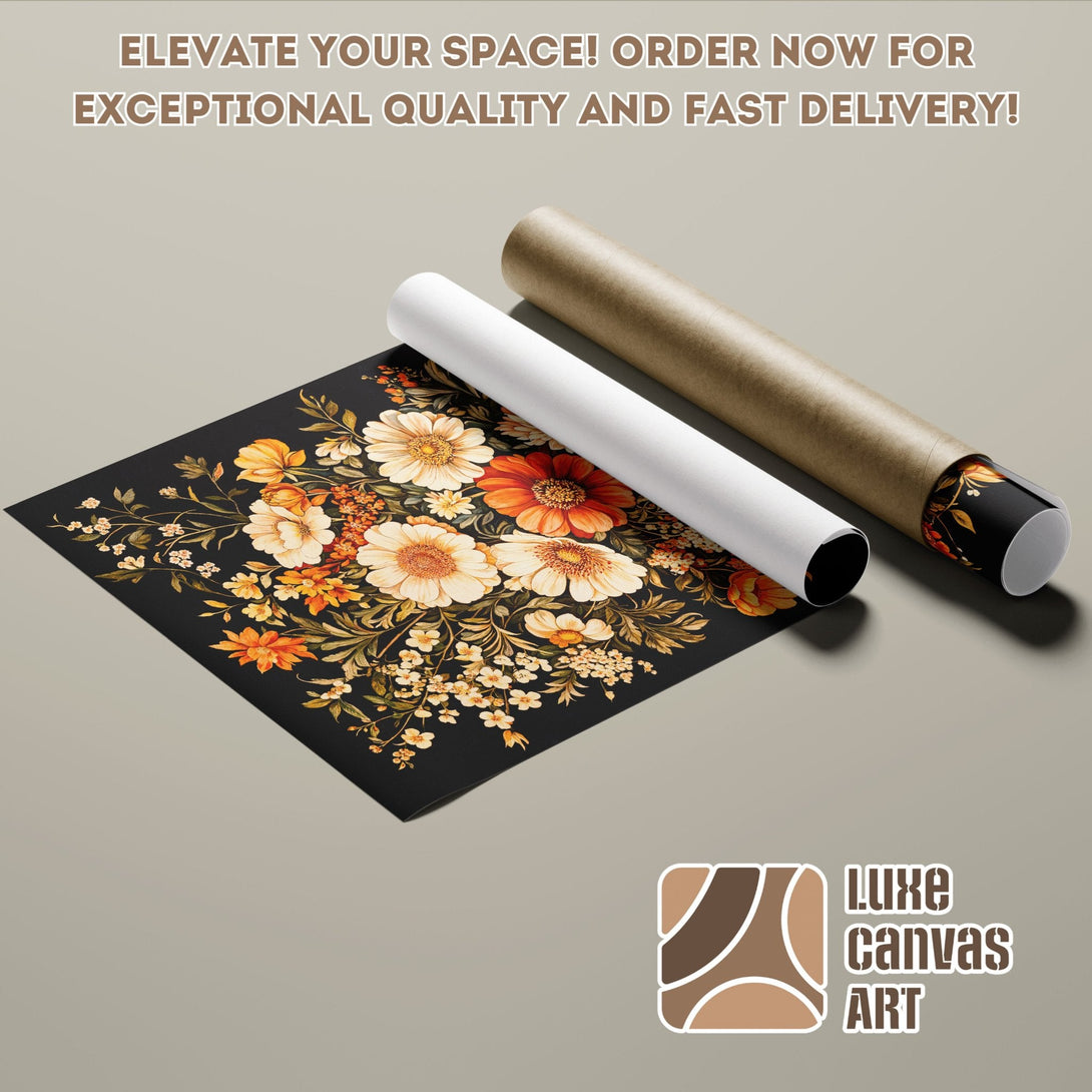 Floral Poster Roll art print in warm orange and black tones. Elevate your space with this beautiful poster!
