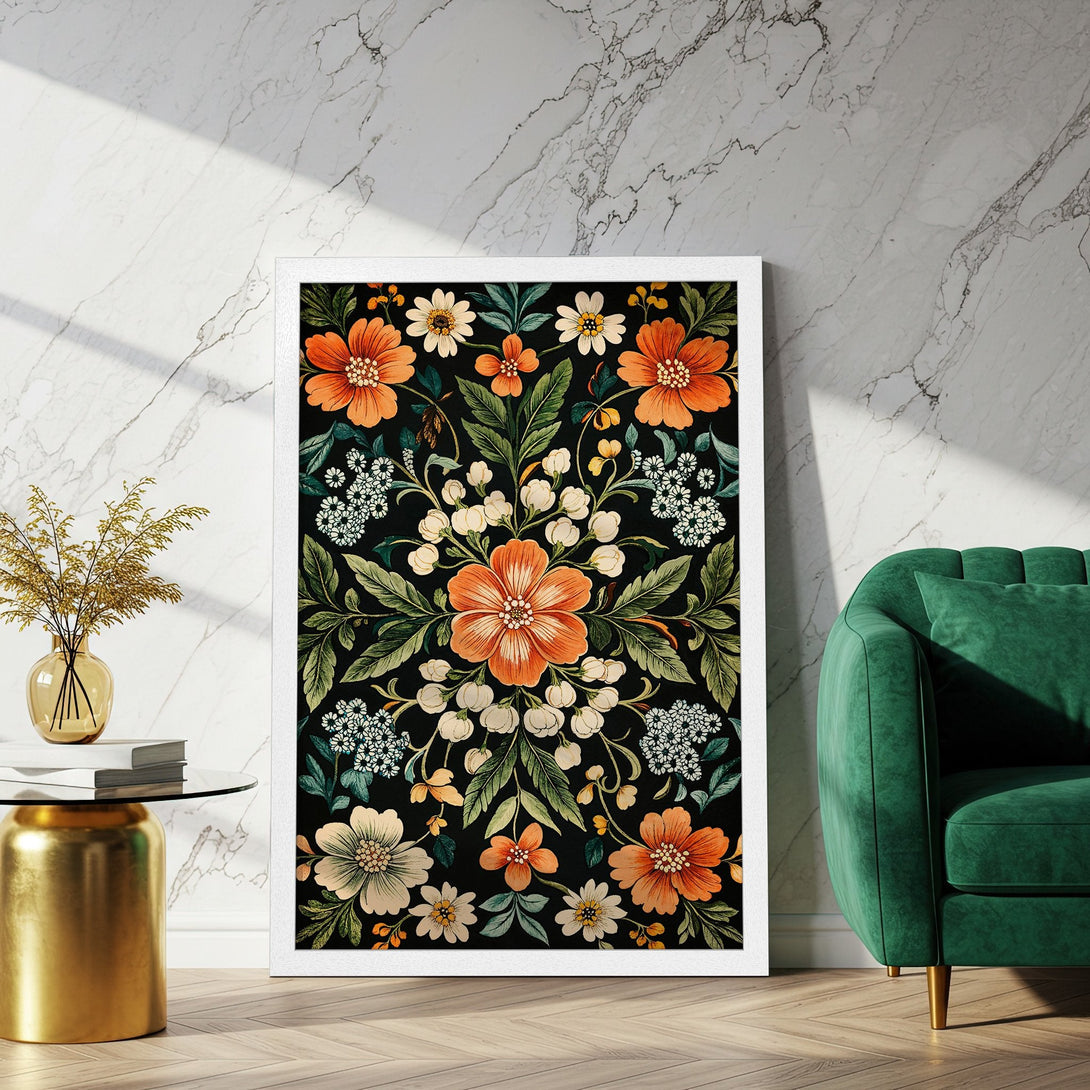 Framed Poster featuring a floral design in a vintage style. The color palette includes orange, green, and white on a black background.