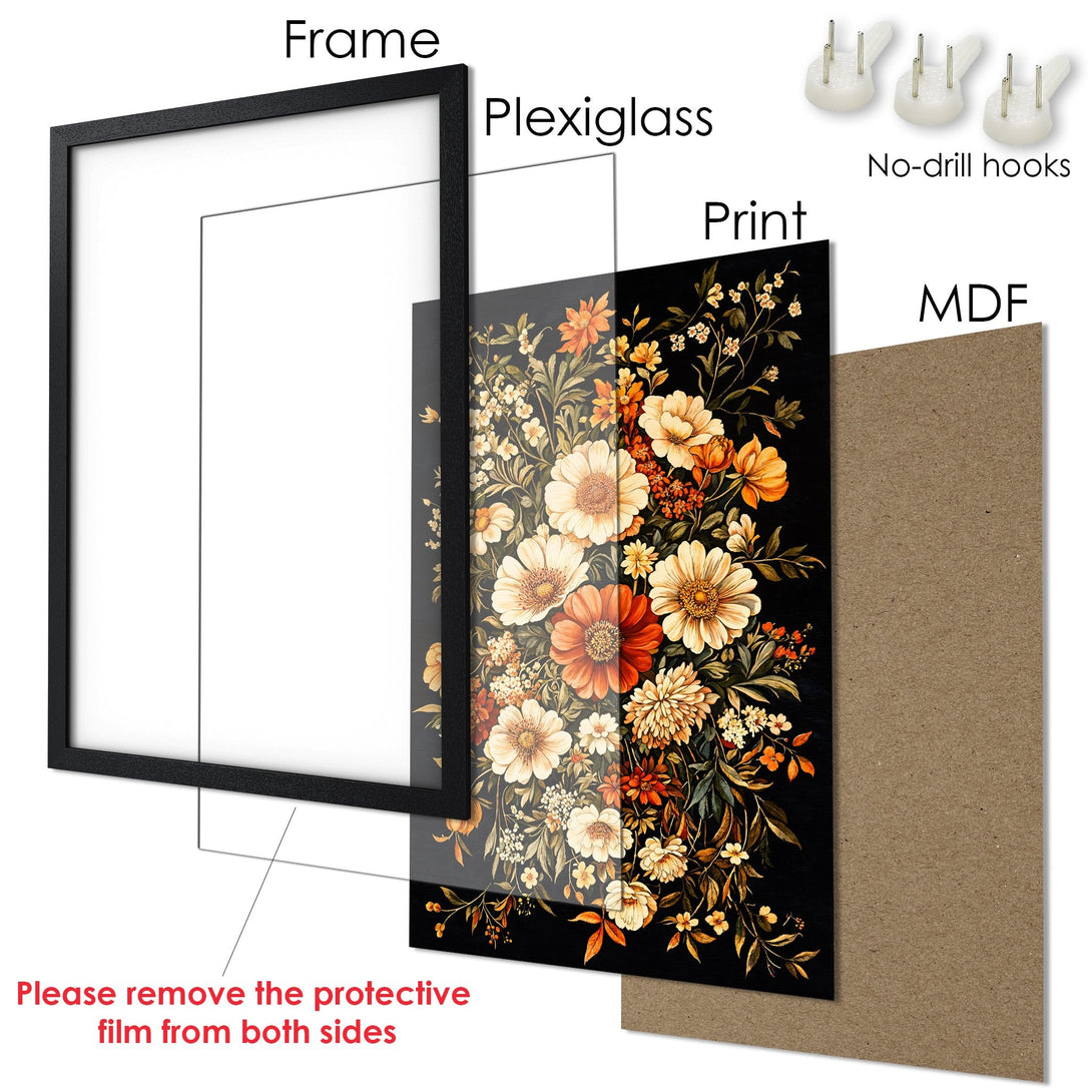 Framed Poster: Floral art print with warm tones & black frame. Perfect wall decor for any room. Easy to hang!