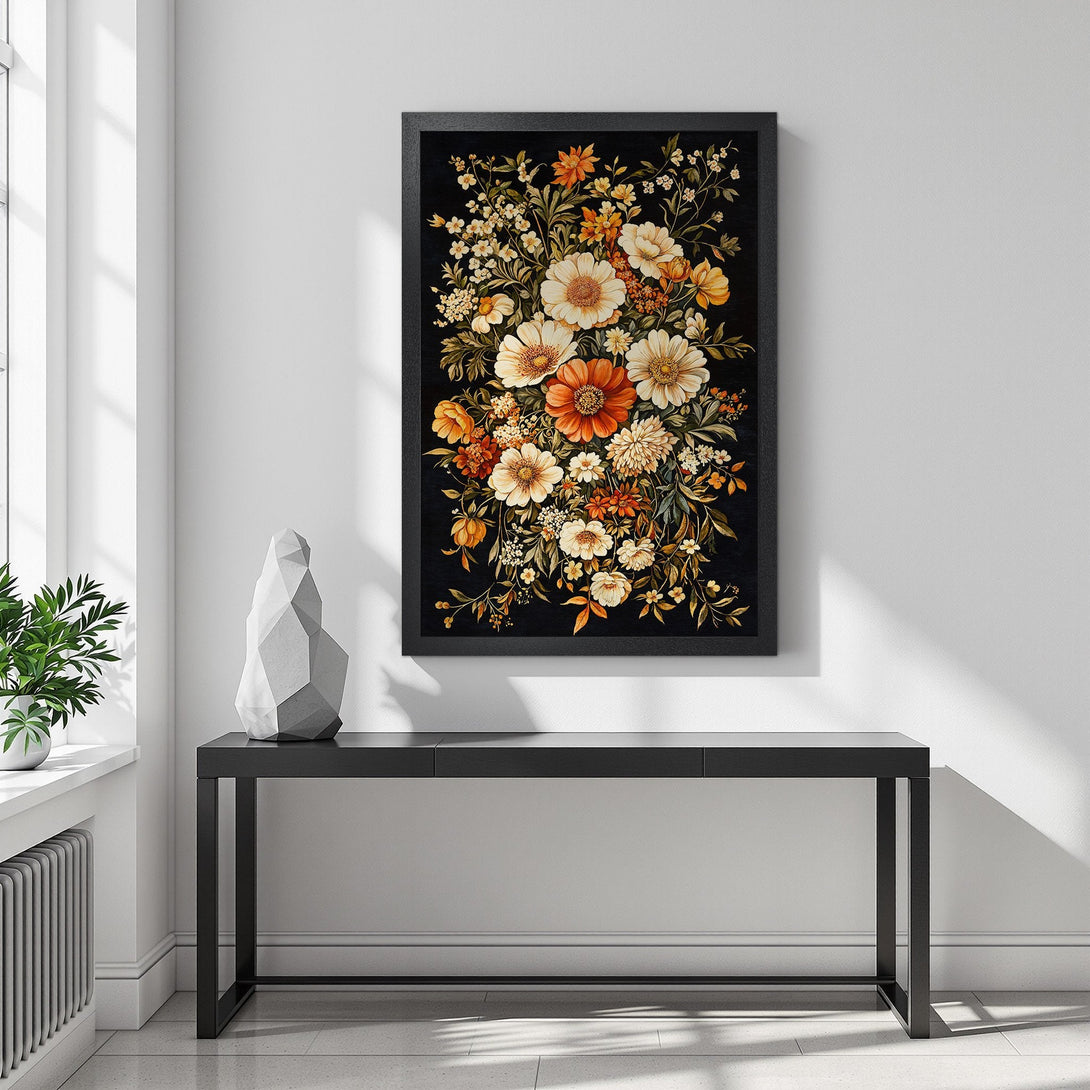 Framed Poster featuring a vibrant floral bouquet art print in warm orange and cream tones, perfect for home decor.