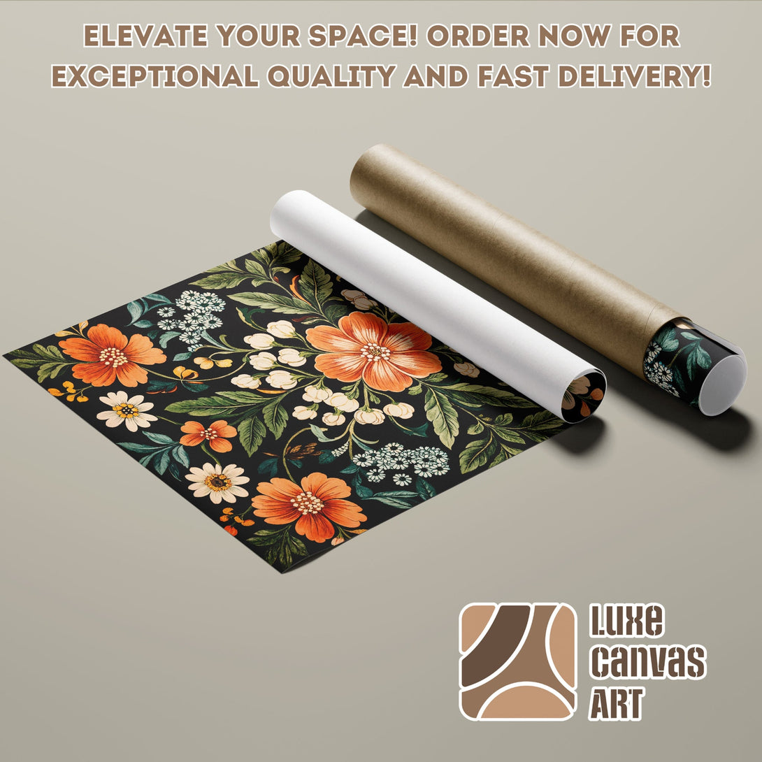 Floral Poster Roll art print, featuring orange and white flowers on a black background. Perfect wall decor!