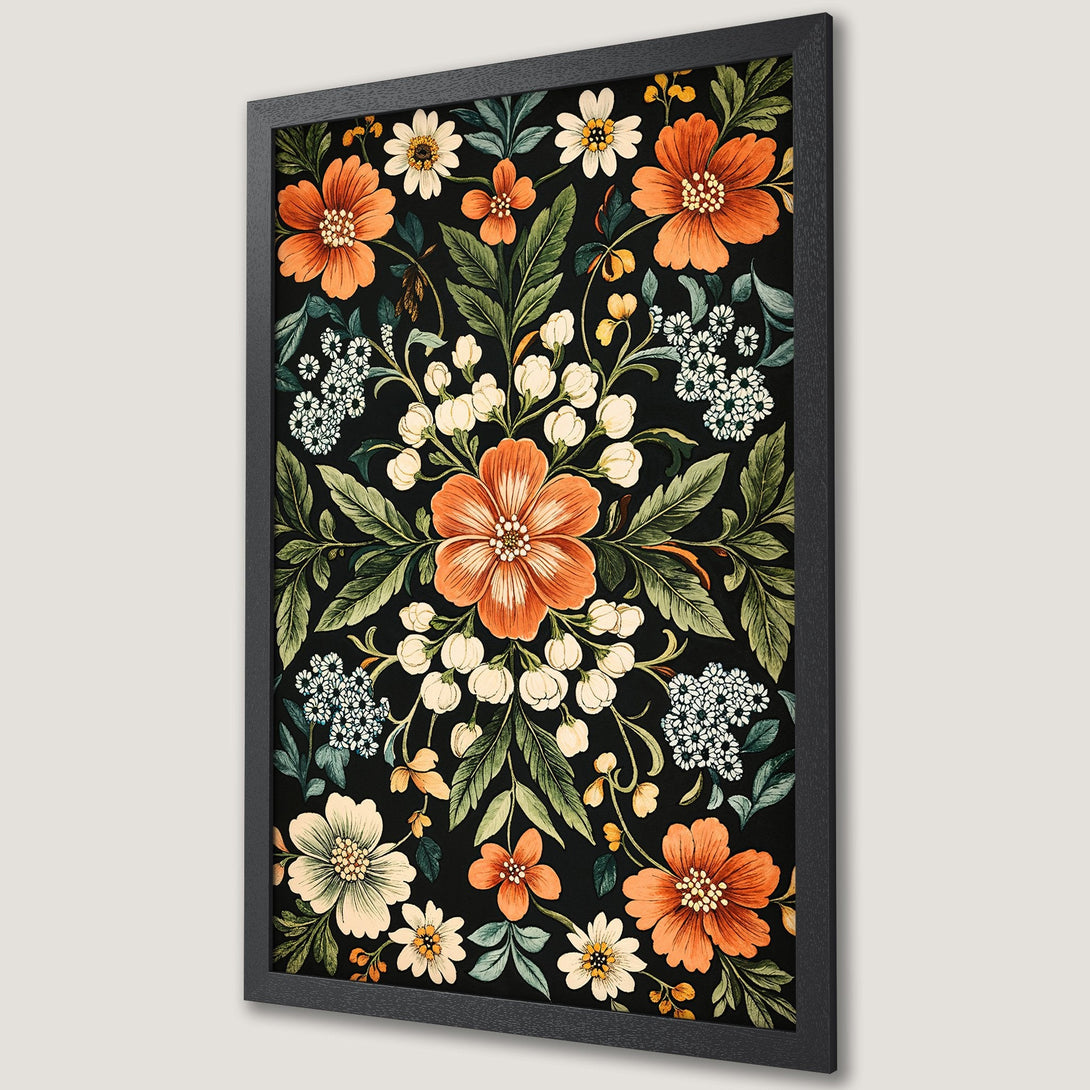Framed Poster featuring a floral design with orange, white, and green flowers on a black background. Perfect for adding a touch of elegance.