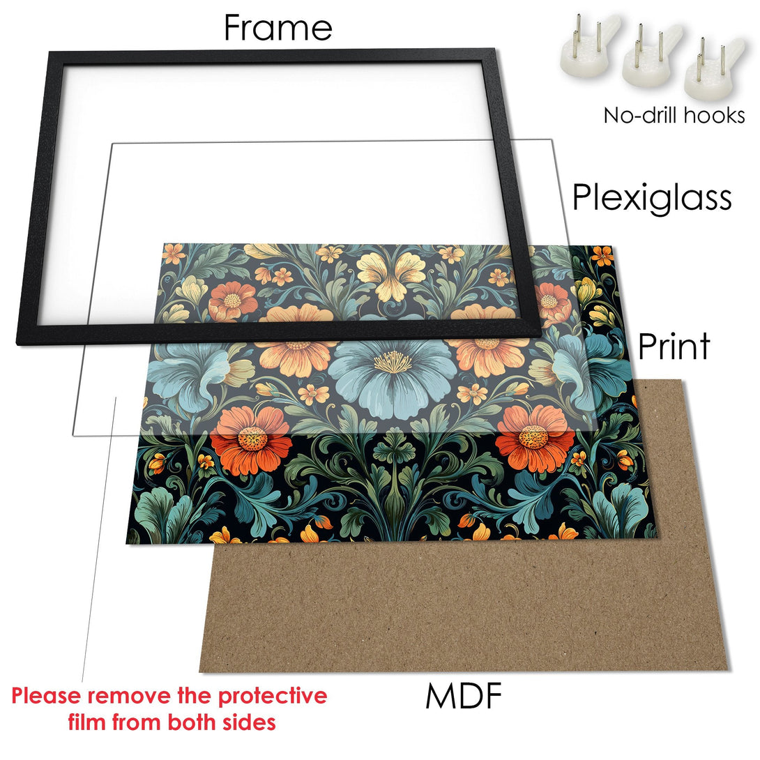 Framed Poster with floral design in a vintage style. Features a dark color palette with orange, teal, and yellow accents. Ready to hang!