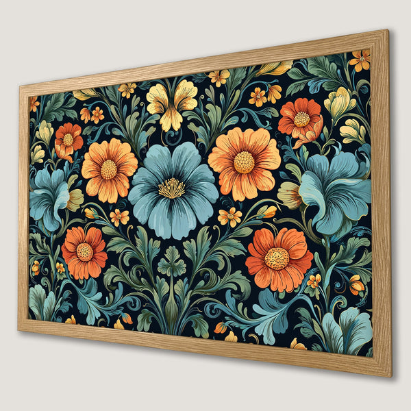 Framed Poster featuring a floral design in a vintage style with a dark blue background and orange, yellow, and blue flowers.