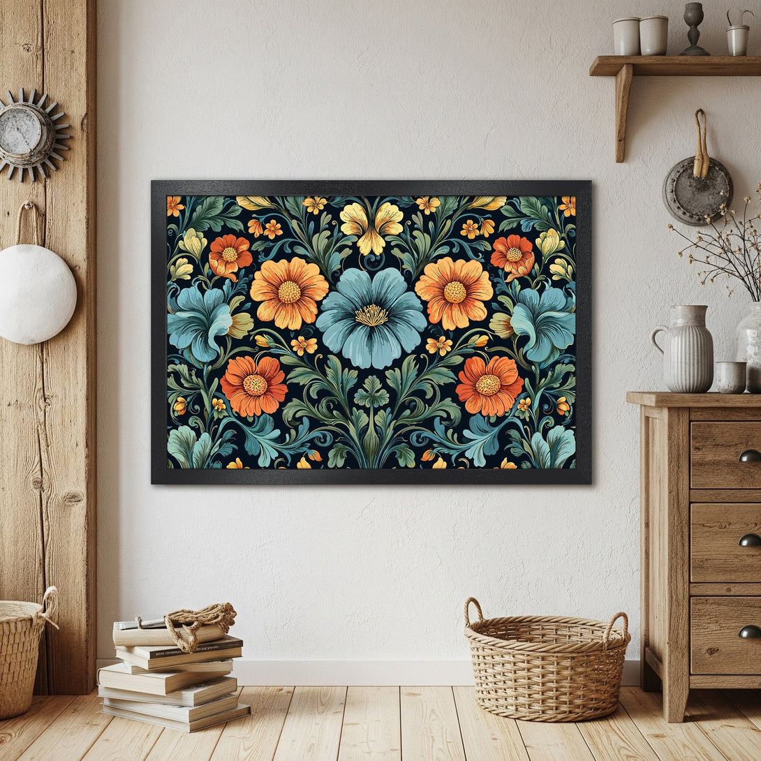 Framed Poster featuring a floral design in vibrant orange, blue, and green hues. Perfect wall art for any room!