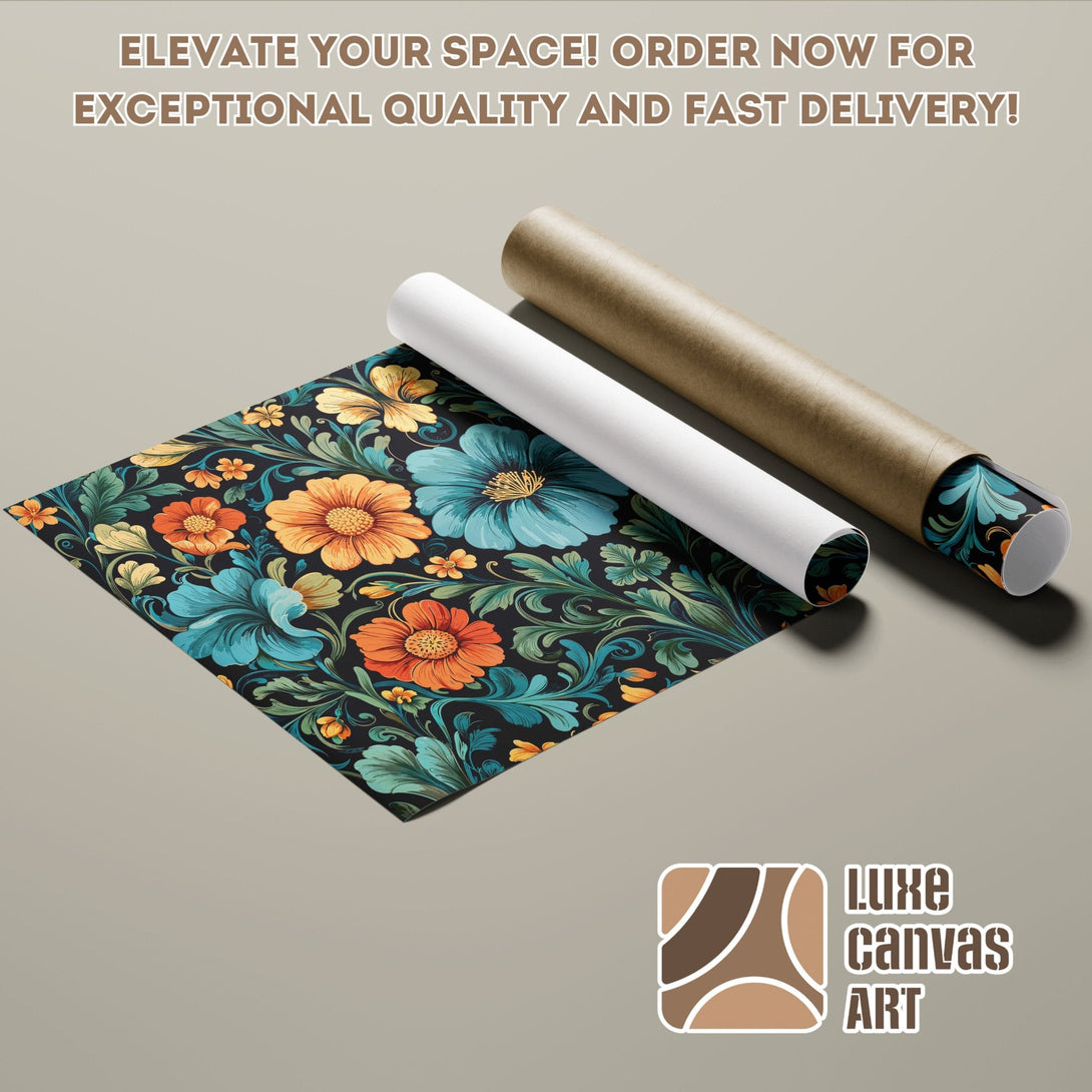 Floral Poster Roll in vibrant teal, orange, and black. Elevate your space with this art print.