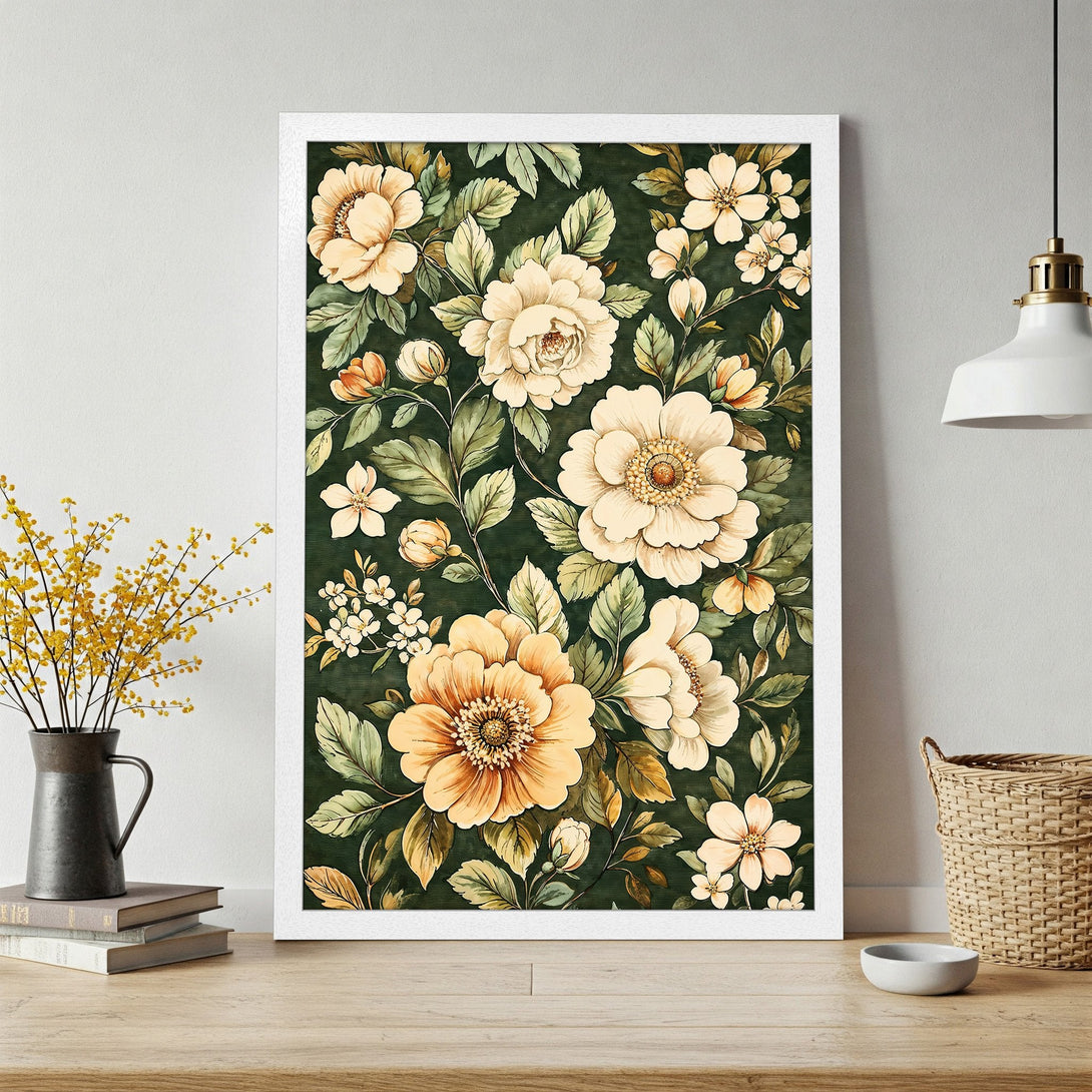Framed Poster featuring floral watercolor art with cream and gold blooms on a dark green background, perfect for home decor.