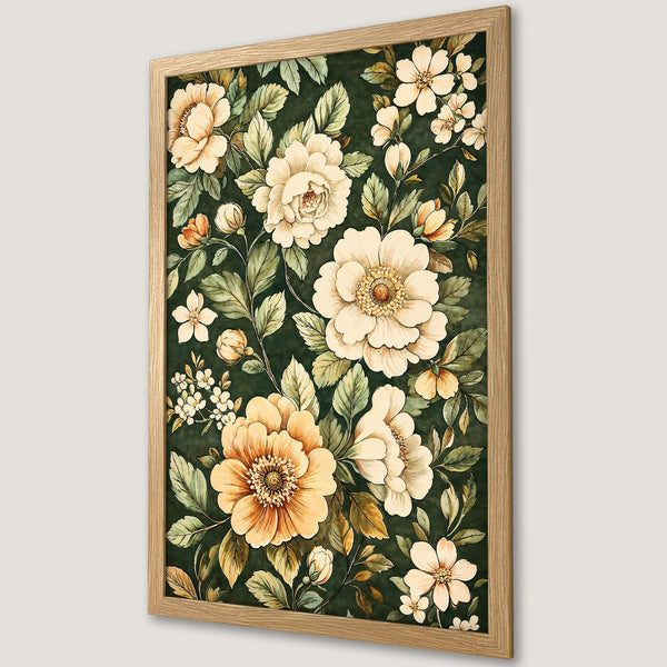 Framed Poster featuring elegant floral art in watercolor style, showcasing cream and orange blooms on a dark green background.