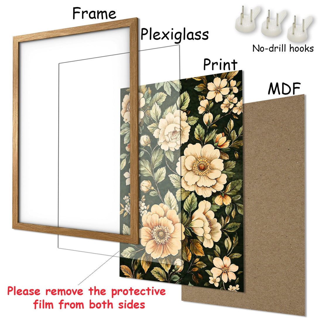 Framed Poster featuring floral art in a vintage style with a dark green and cream color palette. Perfect wall decor!