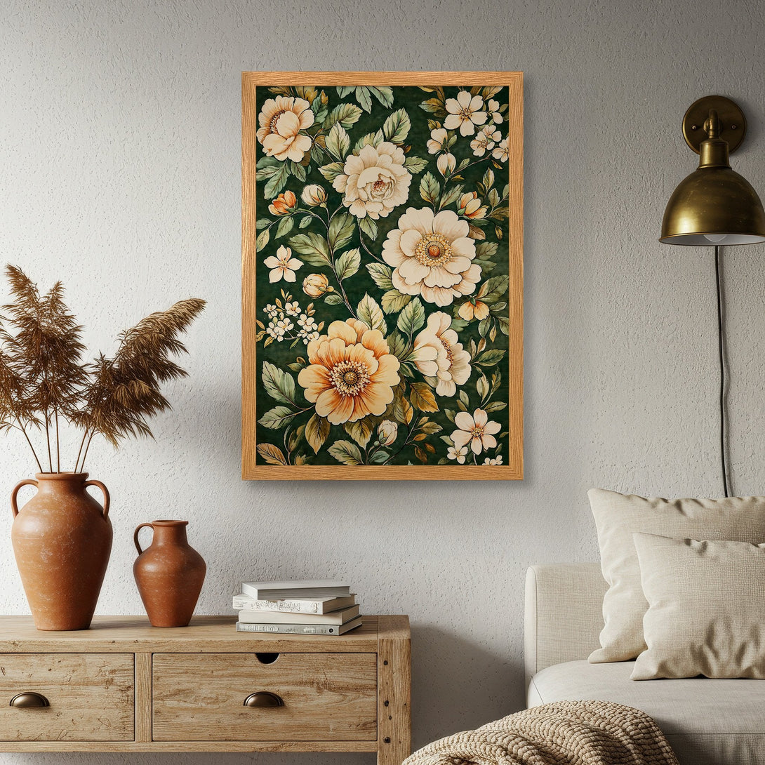 Framed Poster featuring floral art in a vintage style with a green and cream color palette, perfect for home decor.