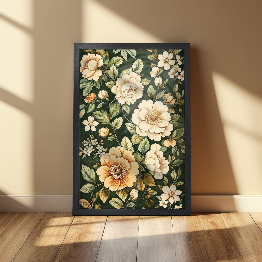 Framed Poster featuring floral art in a vintage style with cream, gold, and green tones, perfect wall decor.