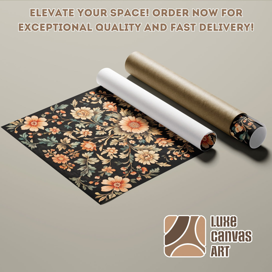 Floral Poster Roll with a dark background and orange, green, and black color palette. Elevate your space with Luxe Canvas Art!