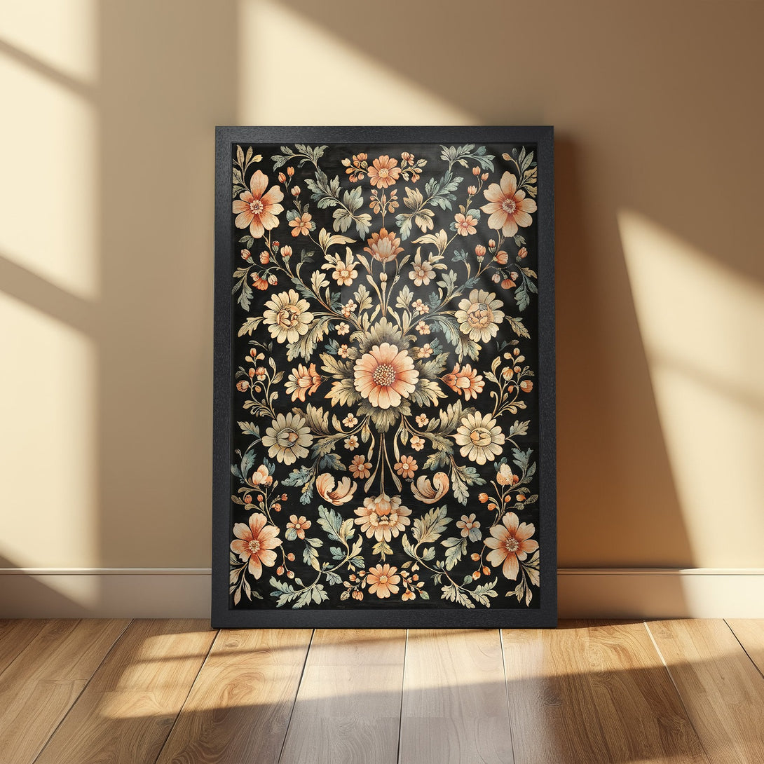 Framed Poster featuring a floral design in a vintage style with a black background and peach and green accents. Perfect wall art!