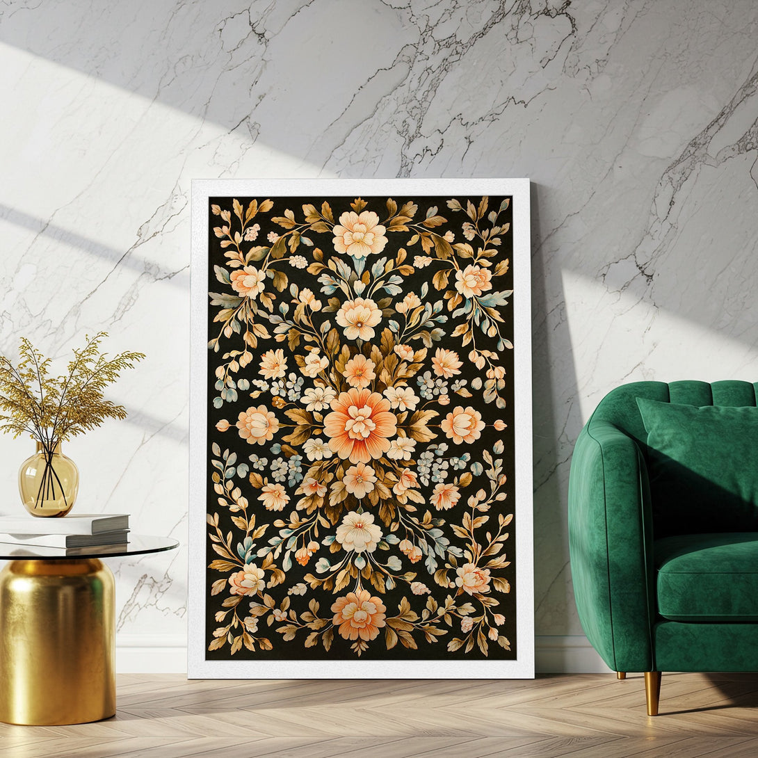 Framed Poster featuring a floral design in a vintage style, with a warm color palette of peach, gold, and black.