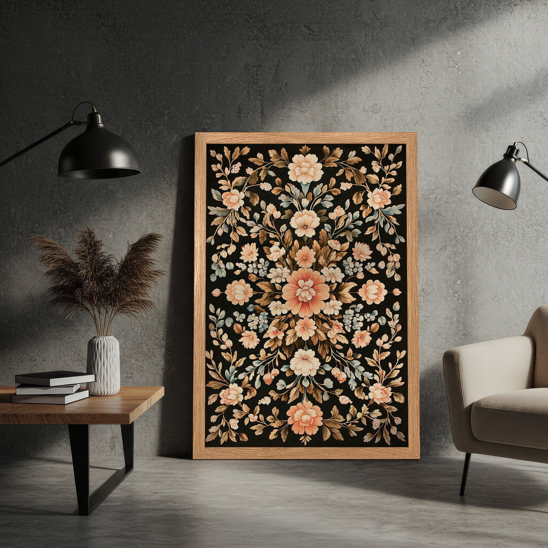 Framed Poster featuring a floral design in a vintage style with a black background and a warm color palette. Perfect for home decor!