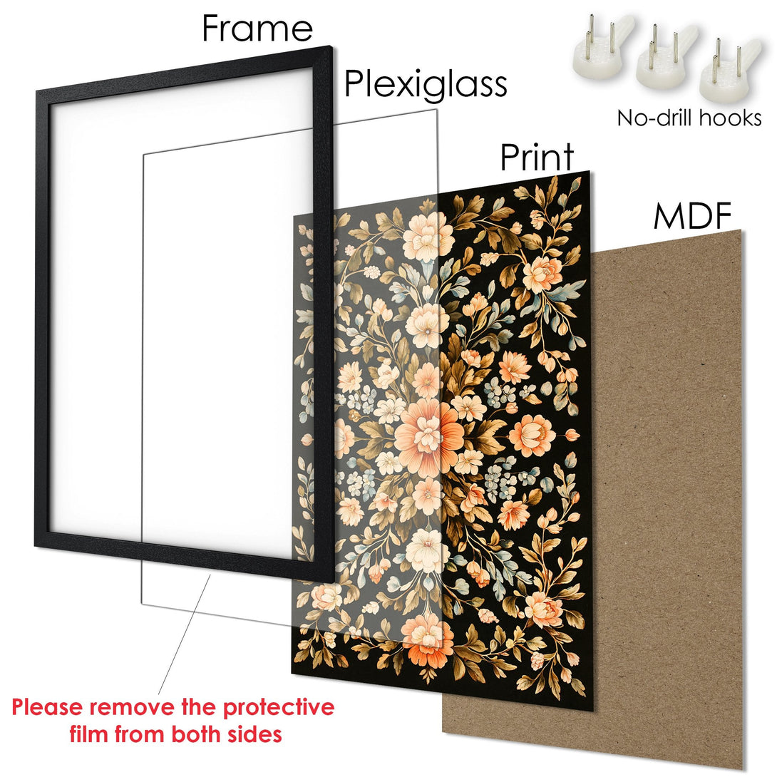 Framed Poster with floral design in a black, orange, and beige palette. Perfect wall art for any room!
