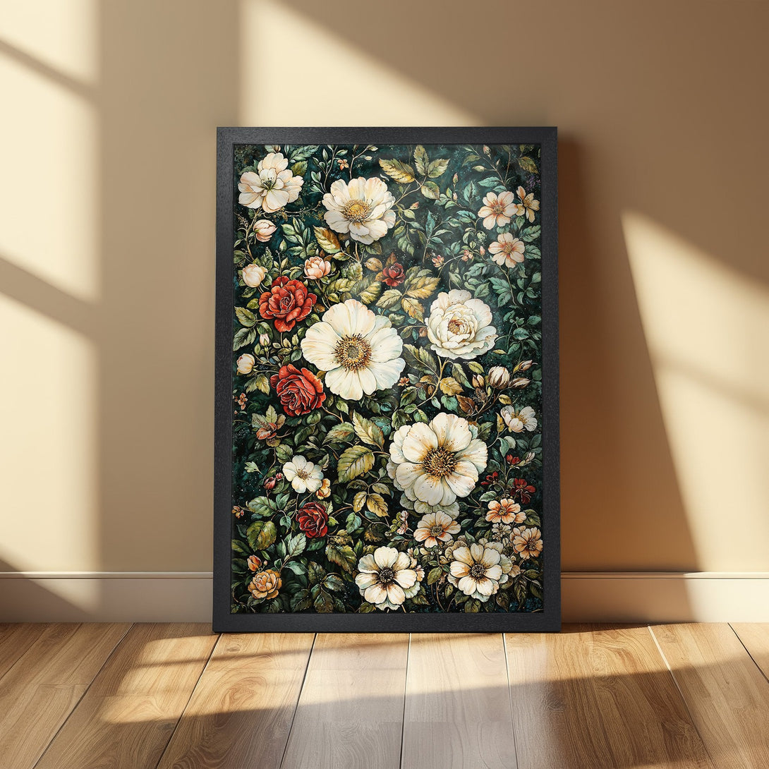 Framed Poster featuring a floral design with white, red, and green flowers on a dark background. Perfect wall art for any room!