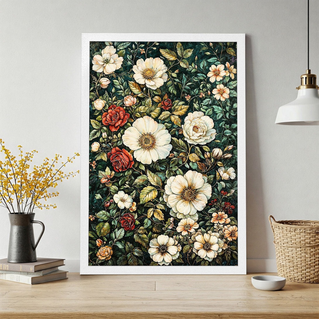 Framed Poster featuring a floral watercolor design with white, red, and yellow flowers on a dark green background. Perfect home decor!