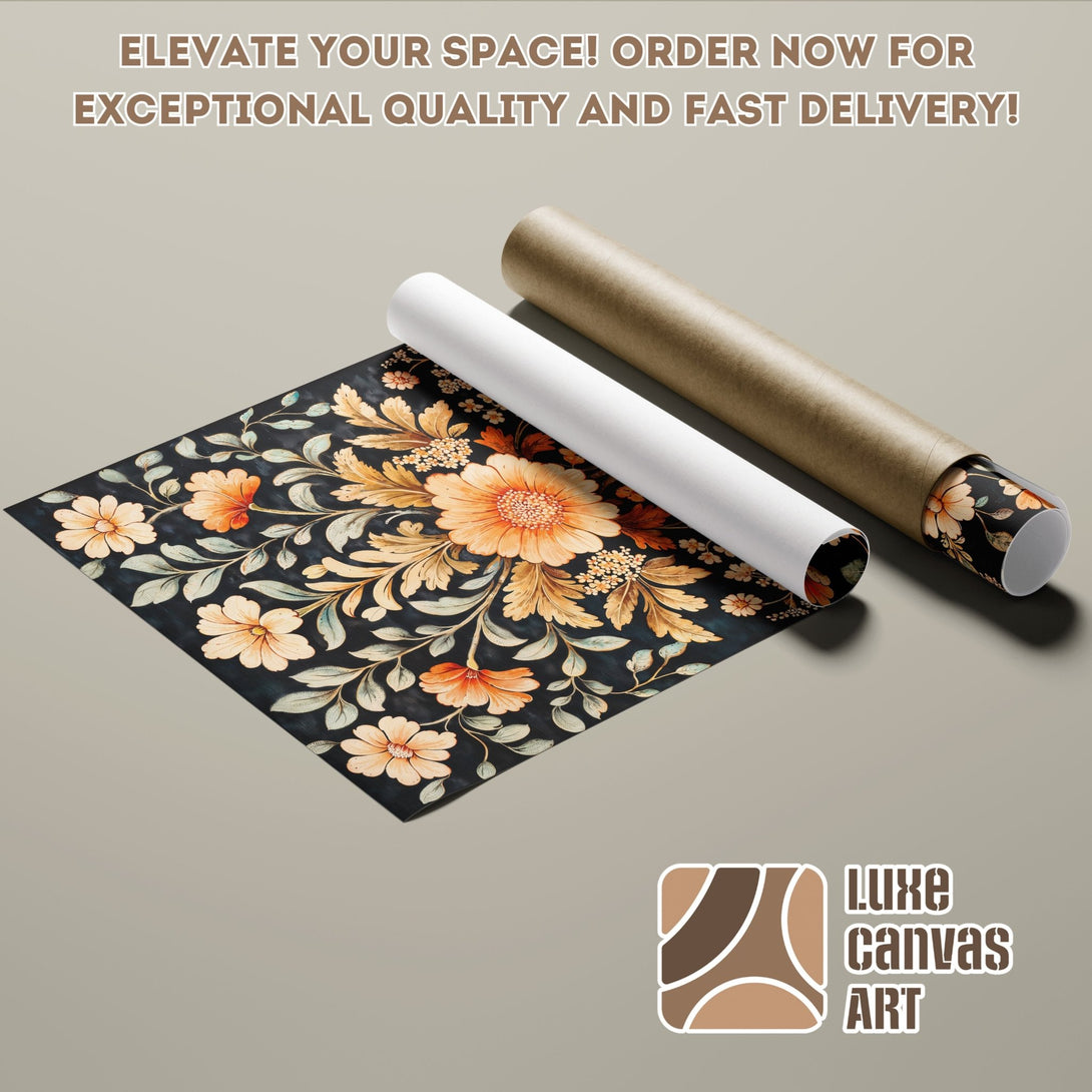 Poster Roll featuring floral design in dark teal, orange, and gold. Perfect wall art for your space! Order now!