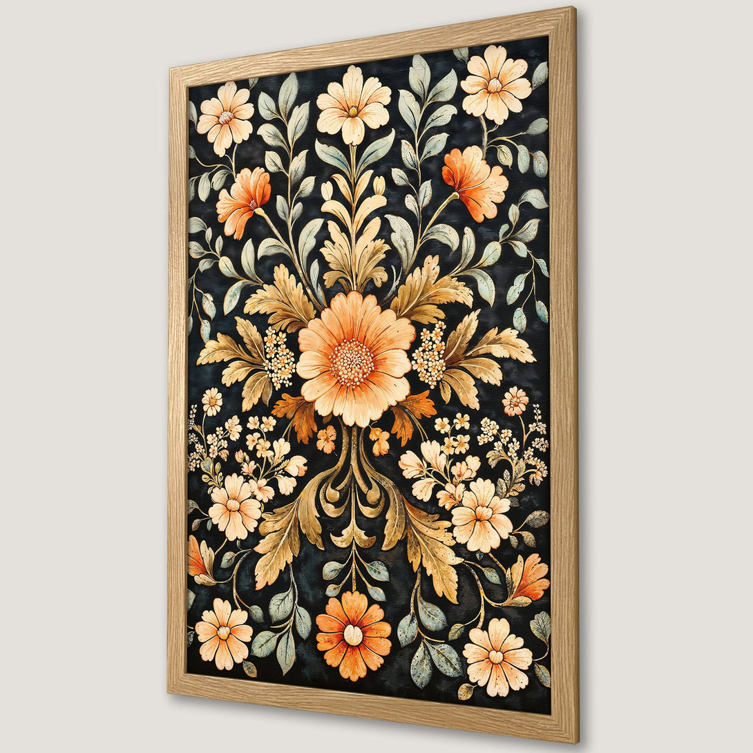 Framed Poster featuring a floral design in a vintage style with a warm orange and black color palette. Perfect wall art!