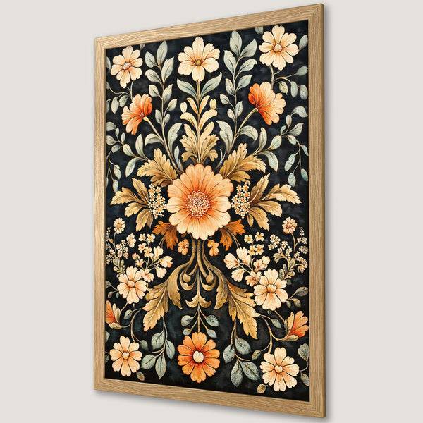 Framed Poster featuring a floral design in a vintage style with a warm orange and black color palette. Perfect wall art!