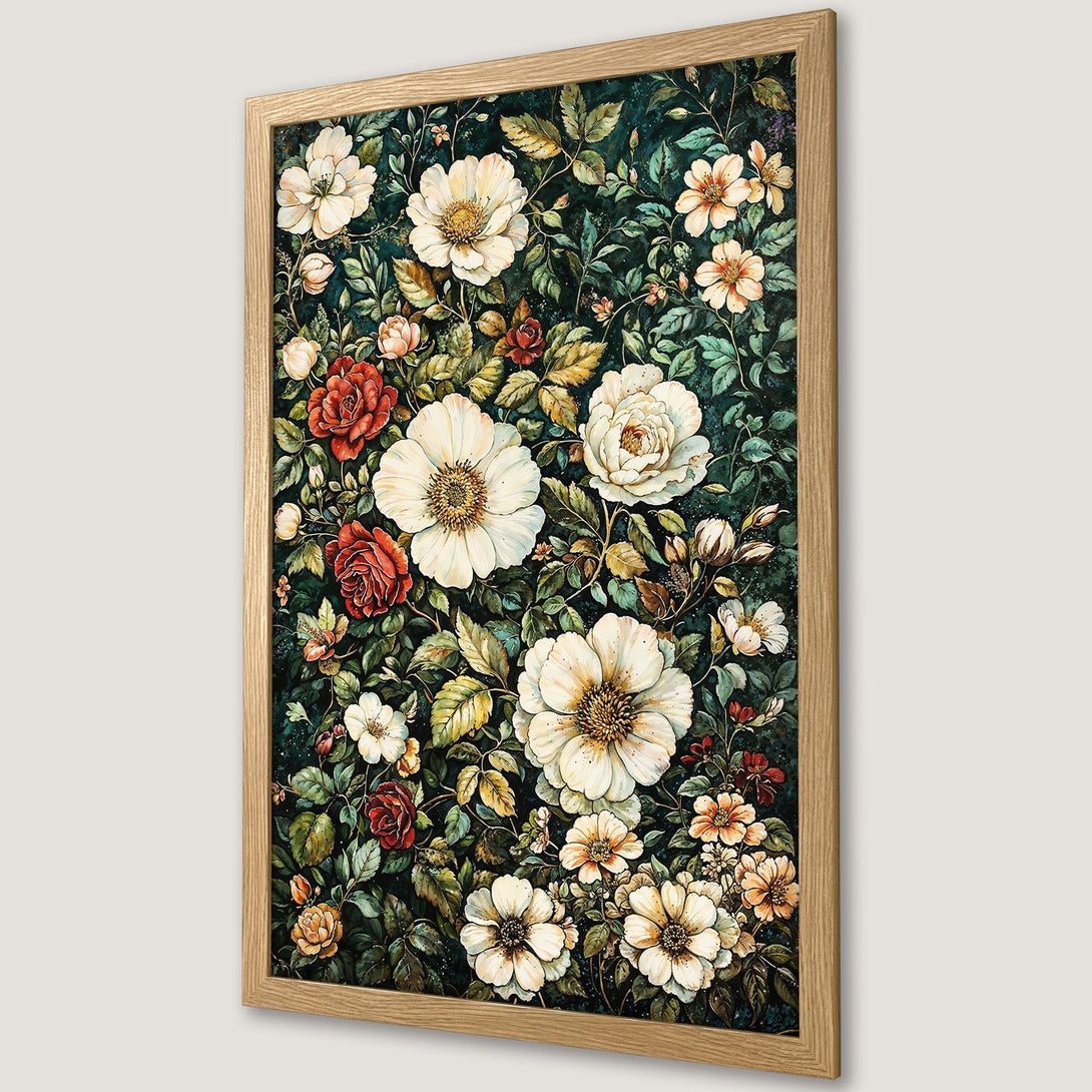 Framed Poster featuring a vibrant floral design in a watercolor style. Dark green background with white, red, and peach flowers. Perfect wall art!