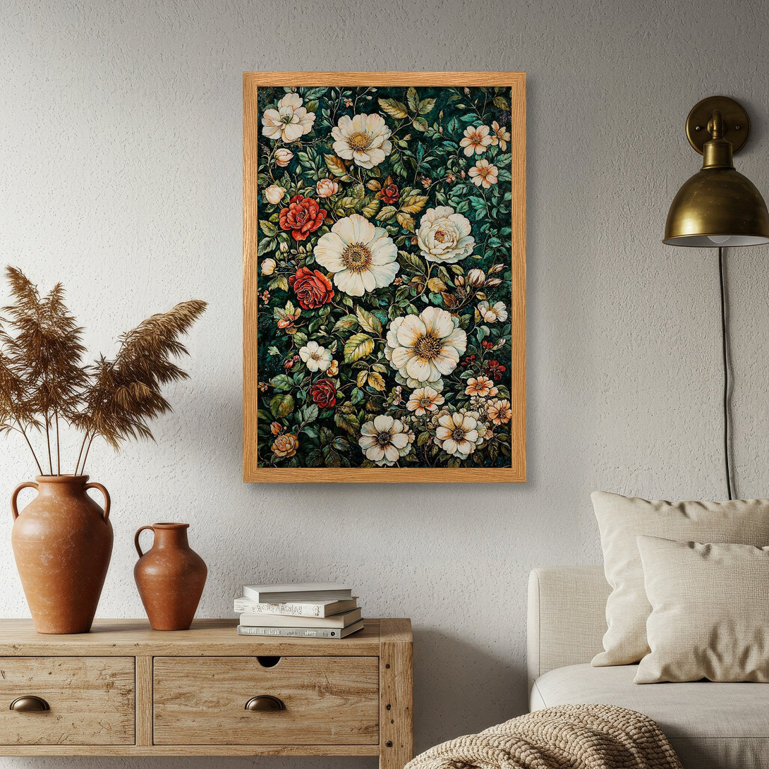 Framed Poster featuring a floral design in a vintage style. The color palette includes greens, reds, and whites. Perfect wall art!