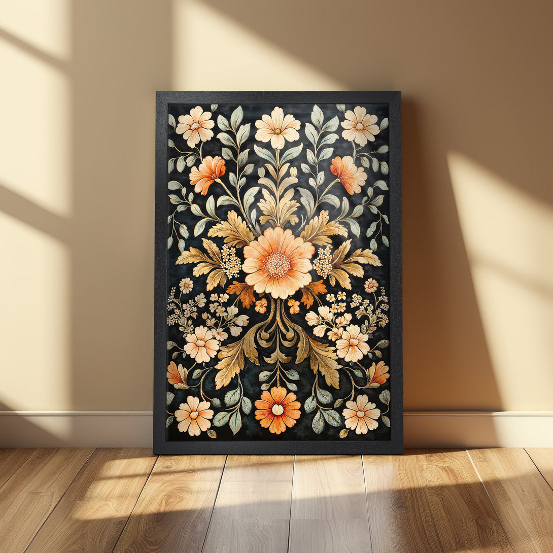 Framed Poster featuring a floral design in warm orange and gold tones on a dark background. Perfect wall art for any room!