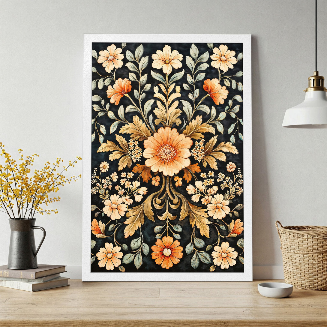 Framed Poster featuring a floral design in vintage style. Dark background with orange, gold, and green color palette. Perfect wall art.