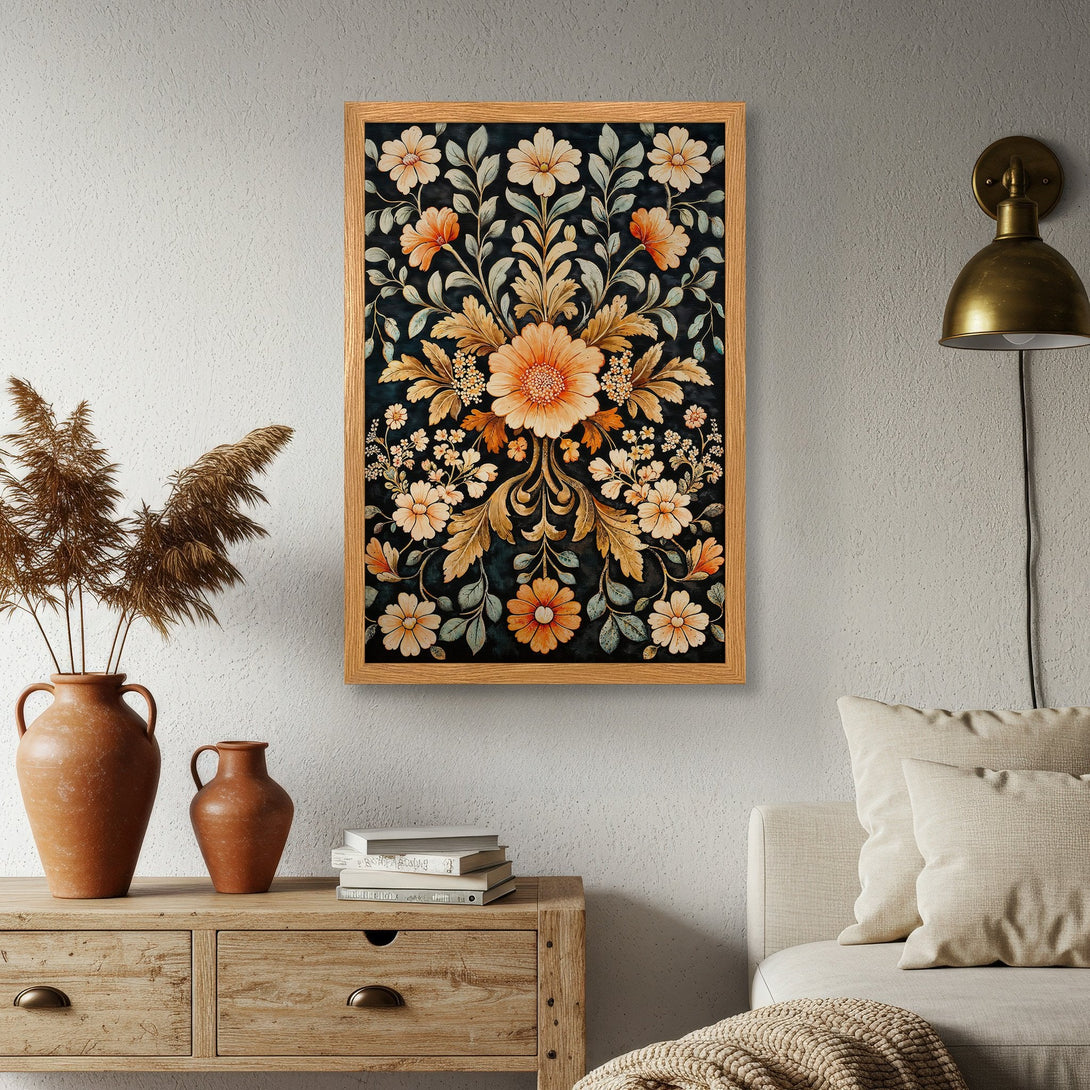 Framed Poster featuring a floral design in a vintage style, with a warm color palette of orange, gold, and dark green.