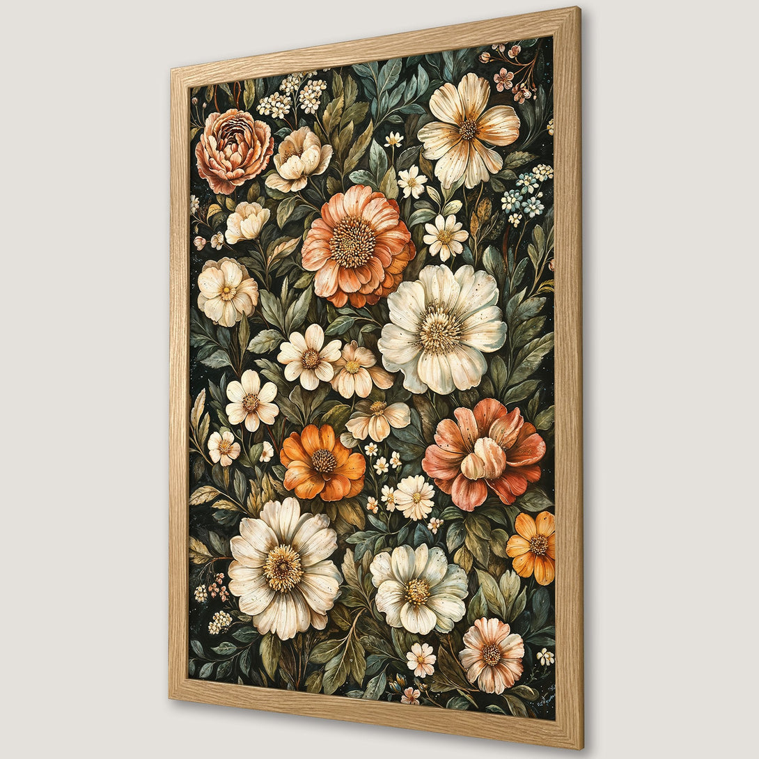 Framed Poster featuring a floral watercolor design in warm orange and cream tones on a dark background. Perfect wall art!
