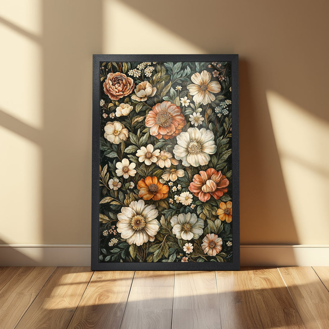 Framed Poster featuring a floral watercolor design. Earthy tones and a vintage style create a beautiful wall art piece.