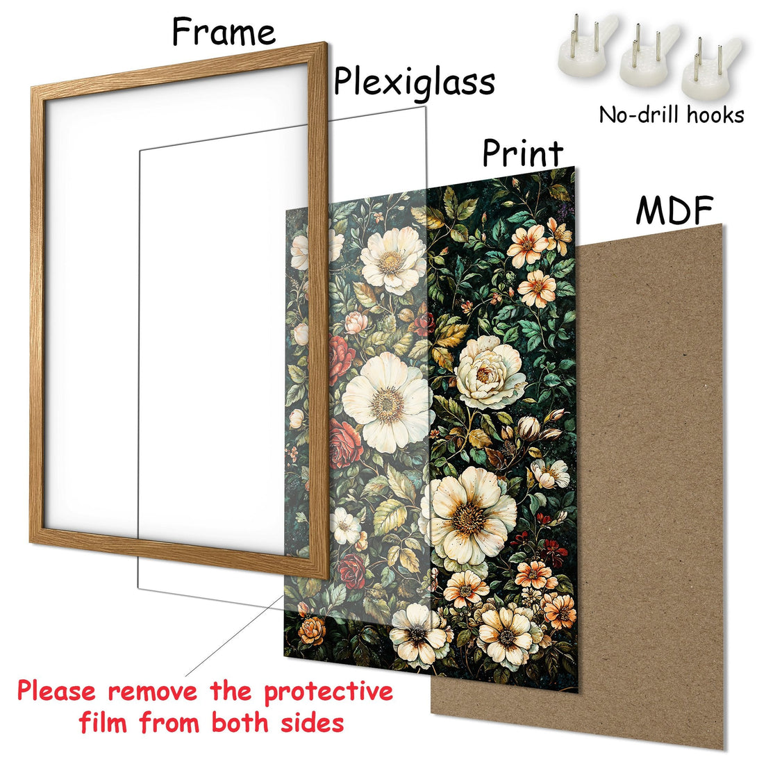 Framed Poster featuring a floral design in a vintage style with a dark green and cream color palette. Perfect wall art!